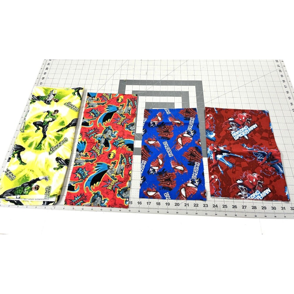 4 DC Comics Cotton Fabric Remnants Spiderman, Batman, Green Lantern Quilting Sew